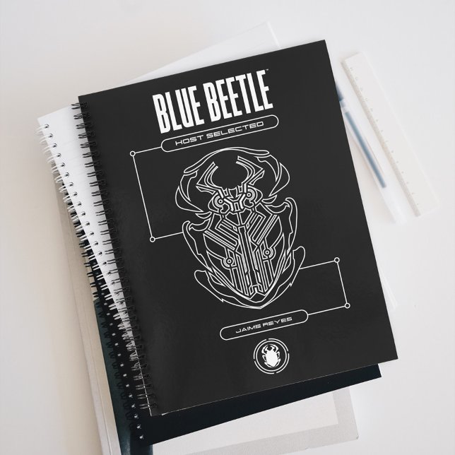 Blue Beetle Scarab Tech Graphic Notebook (Notebook on table)