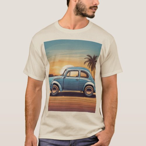 Blue Beetle Sunset Beach Tee _ Vintage Coastal Des