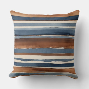 Blue beige and rust stripes throw pillow