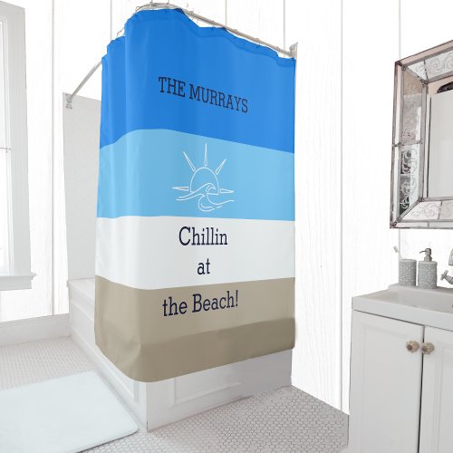 Blue Beige and White Stripes Family Beach House Shower Curtain