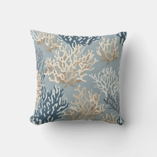 Blue Beige Beachy Coral Reef Nautical Pattern Throw Pillow