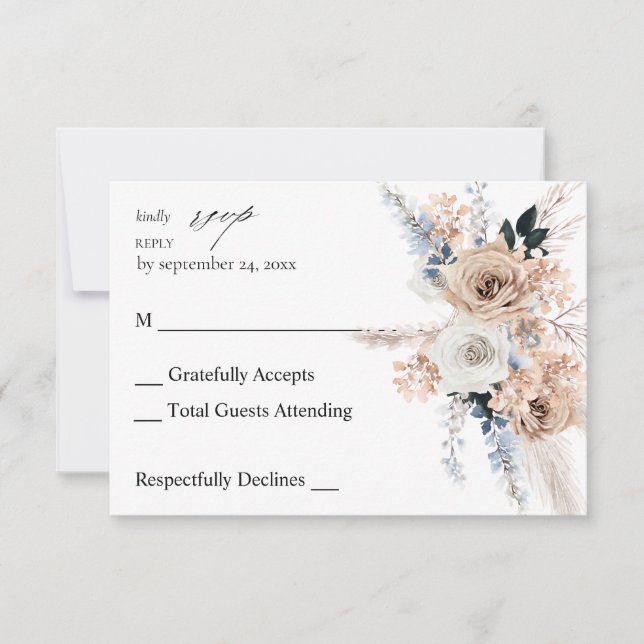 Blue & Beige Boho Floral no Meal RSVP (Front)
