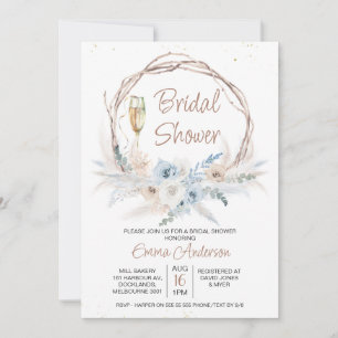 Blue Beige Boho Floral Pampas Grass Bridal Shower Invitation