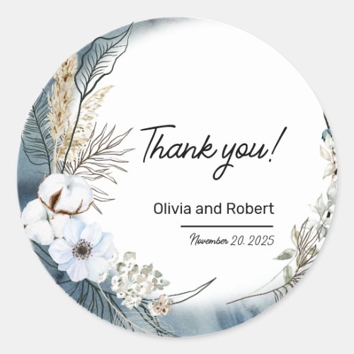 Blue Beige Boho Floral Thank You  Classic Round Sticker