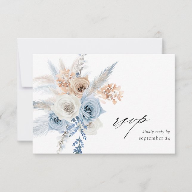 Blue & Beige  Boho Floral w Meal RSVP Card (Front)