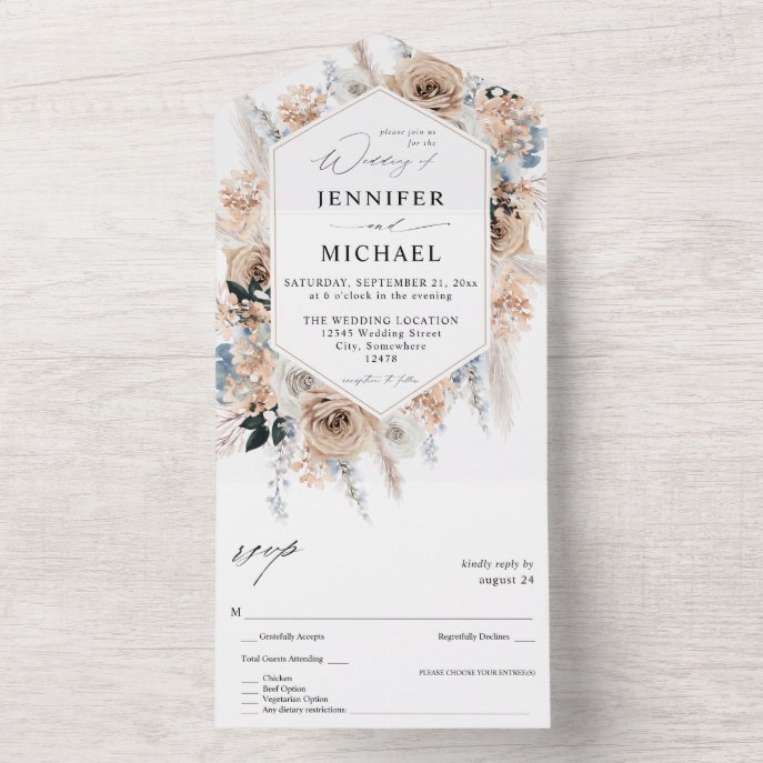 Blue &amp; Beige Boho Floral Wedding All In One Invitation