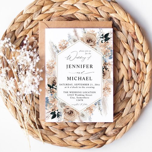 Blue  Beige Boho Floral Wedding Invitation