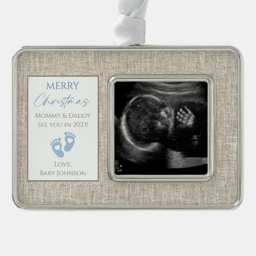 Blue  Beige Canvas New Baby Ultrasound Photo Christmas Ornament
