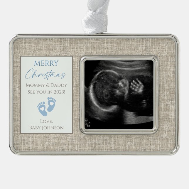 Blue & Beige Canvas New Baby Ultrasound Photo Christmas Ornament (Front)