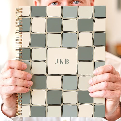 Blue Beige Checkered Pattern Custom Monogram Planner