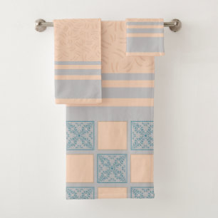 Blue & Beige Coastal Tile Pattern   Seamless Geome Bath Towel Set