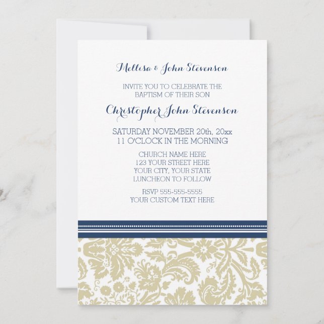 Blue Beige Damask Baptism Invitation (Back)