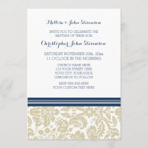 Blue Beige Damask Baptism Invitation