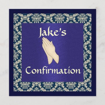 Blue & Beige Damask Confirmation  Invitations by PersonalCustom at Zazzle