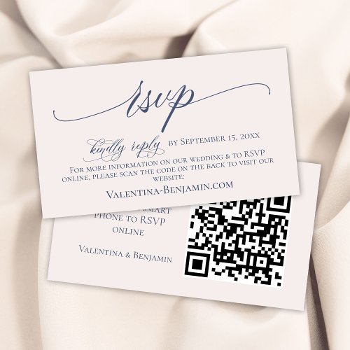 Blue beige elegant wedding website RSVP QR code Enclosure Card