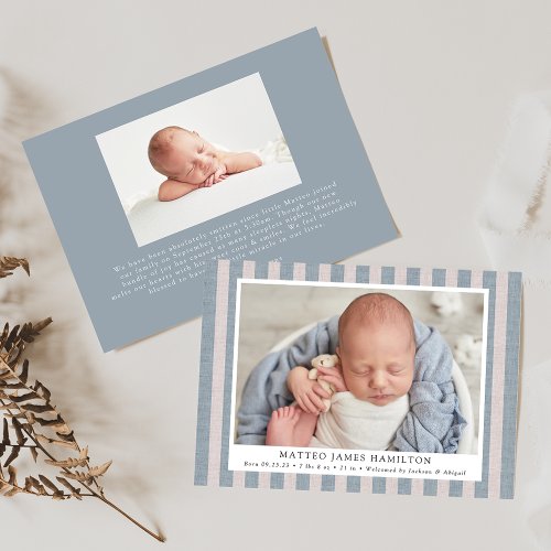 Blue  Beige Farmhouse Linen Stripes 2 Photo Birth Announcement