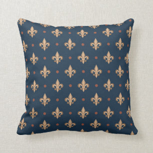 Blue Beige Fleur De Lis Elegant Damask Pattern Throw Pillow