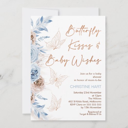 Blue Beige Floral Butterfly Kisses Baby Shower Invitation