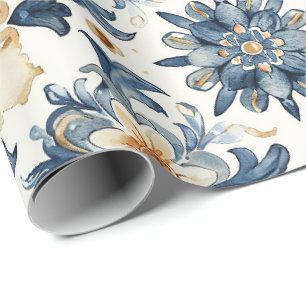 Blue & Beige Floral Tile Wrapping Paper, Antique Paper