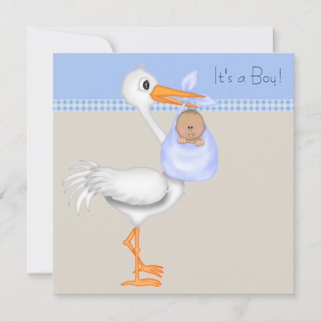 Blue Beige Gingham Stork Baby Boy Shower Invitation (Front)