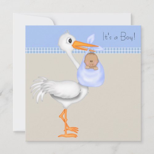 Blue Beige Gingham Stork Baby Boy Shower Invitation