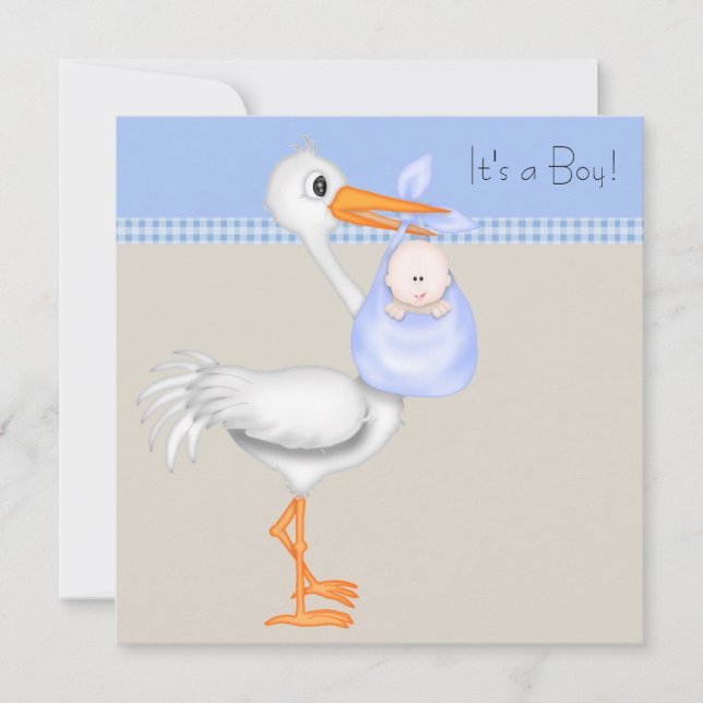 Blue Beige Gingham Stork Baby Boy Shower Invitation (Front)