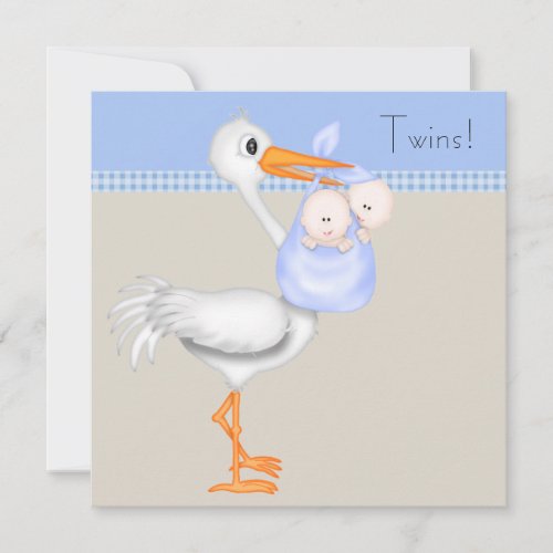 Blue Beige Gingham Stork Twin Baby Boy Shower Invitation