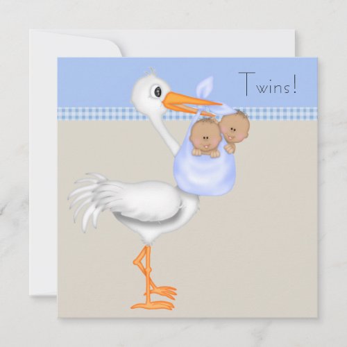 Blue Beige Gingham Stork Twin Boy Baby Shower Invitation