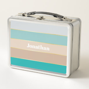 Blue beige gold Custom Summer Color Block Stripes Metal Lunch Box