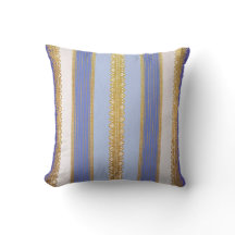 Blue, Beige, Gold Stripe Throw Pillow