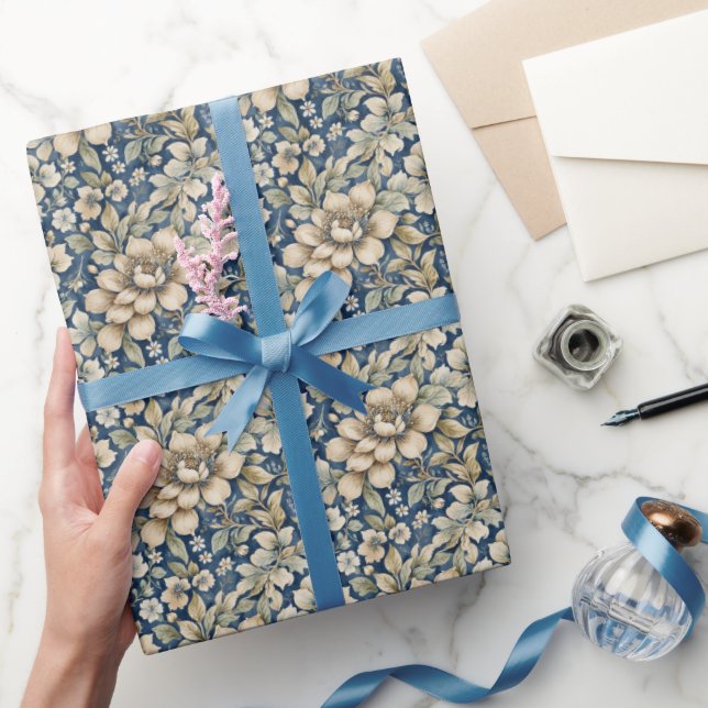Blue Beige Green Chinoiserie Toile Floral Birthday Wrapping Paper (Gifting)
