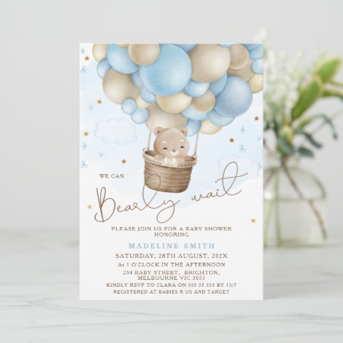 Blue Beige Hot Air Balloon Bearly Bear Baby Shower Invitation