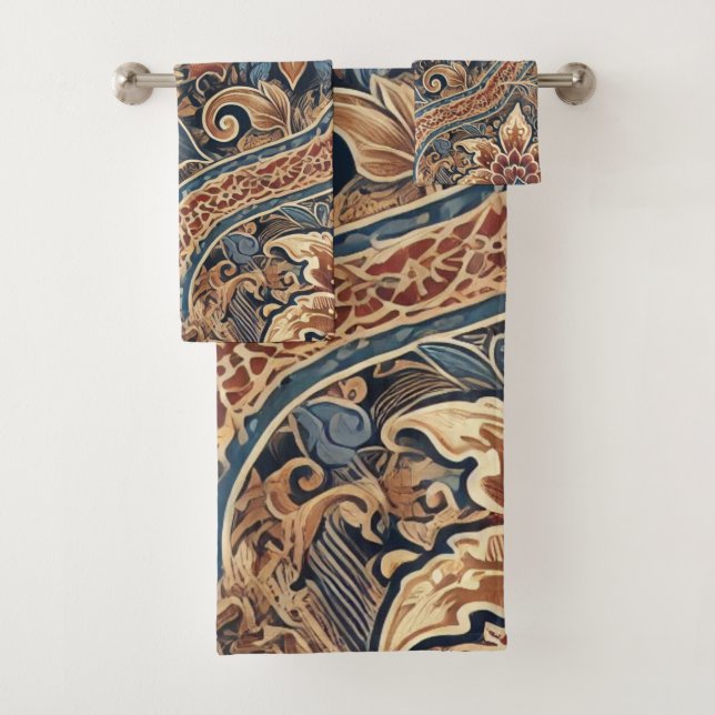Blue Beige Indonesian Batik Floral Pattern Boho Bath Towel Set (Insitu)