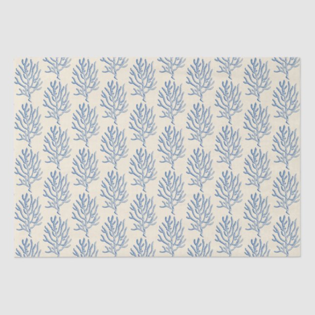 Blue Beige Marine Life Corals Pattern Tissue Paper (Front)