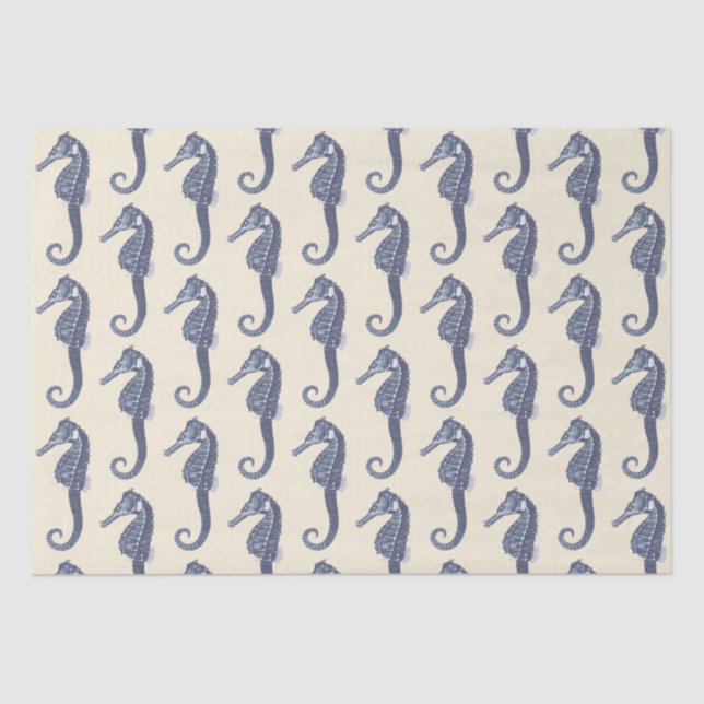 Blue Beige Marine Life Seahorse Pattern Tissue Paper (Front)