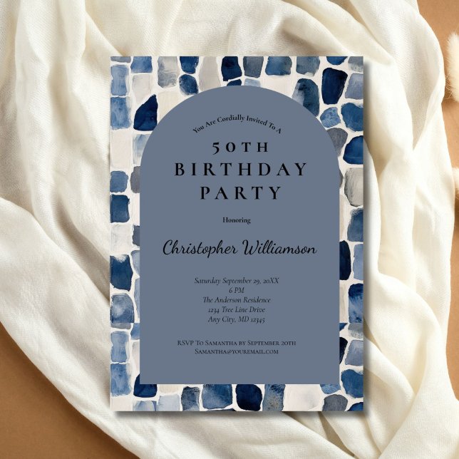 Blue Beige Men's Modern Arch 50th Birthday Invitation (Blue beige abstract watercolor texture pattern 50th birthday party invitation for him or her. )