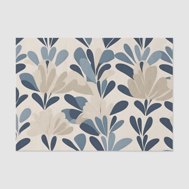 Blue Beige Mid Century Modern Floral Tissue Paper (Front)