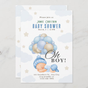 Blue Beige Modern Boy with Balloons baby shower Invitation