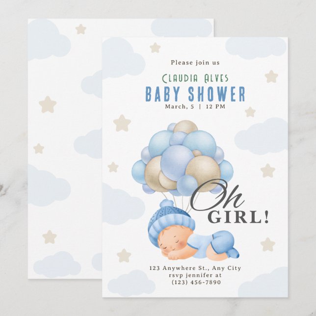 Blue Beige Modern Girl with Balloons baby shower Invitation (Front/Back)