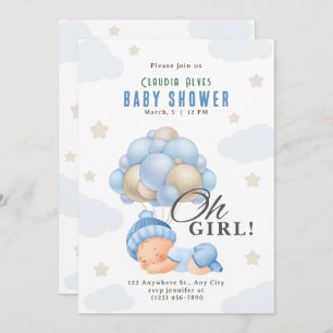 Blue Beige Modern Girl with Balloons baby shower Invitation
