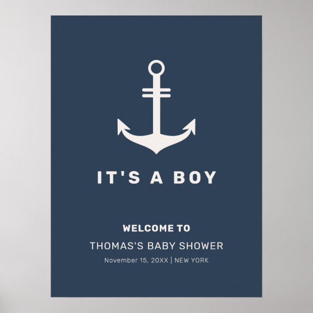 Blue Beige Nautical Anchor Baby Shower Welcome  Poster (Front)