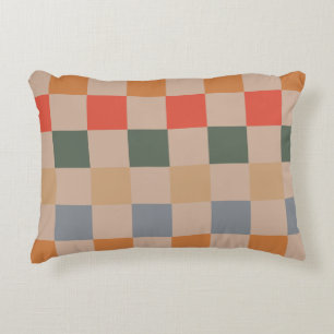 Blue Beige Orange Brown Checkered Gingham Pattern Accent Pillow