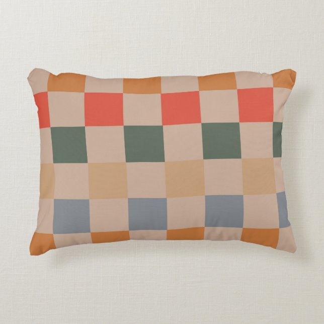 Blue Beige Orange Brown Checkered Gingham Pattern Accent Pillow (Front)