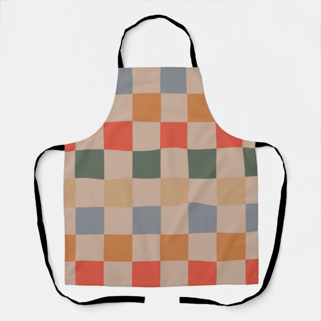 Blue Beige Orange Brown Checkered Gingham Pattern Apron (Front)