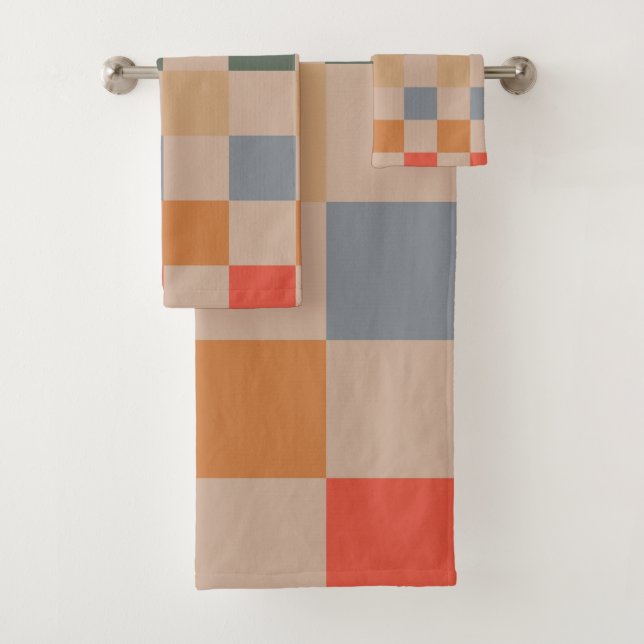 Blue Beige Orange Brown Checkered Gingham Pattern Bath Towel Set (Insitu)