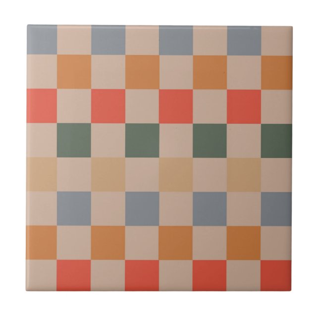 Blue Beige Orange Brown Checkered Gingham Pattern Ceramic Tile (Front)