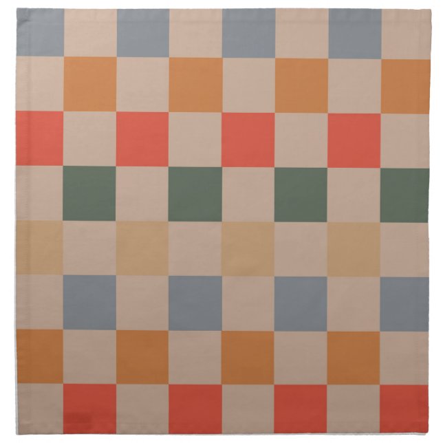 Blue Beige Orange Brown Checkered Gingham Pattern Cloth Napkin (Front)