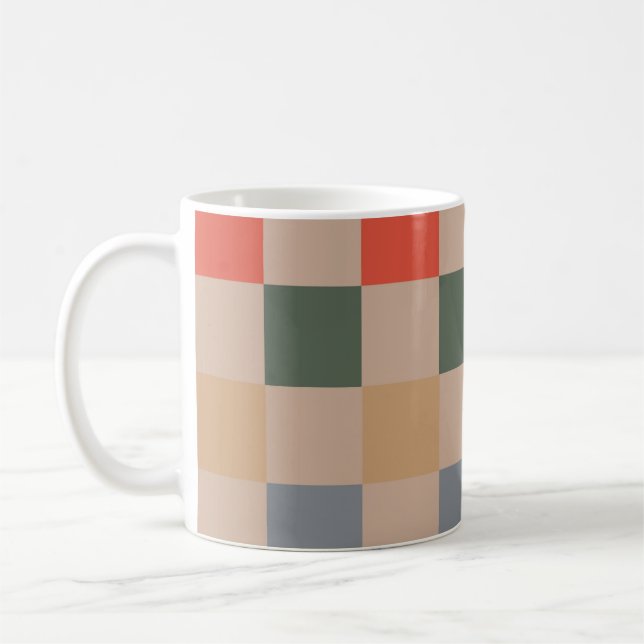 Blue Beige Orange Brown Checkered Gingham Pattern Coffee Mug (Left)