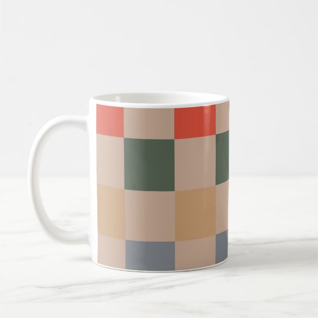 Blue Beige Orange Brown Checkered Gingham Pattern Coffee Mug (Left)