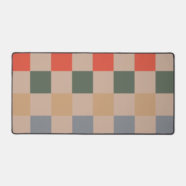 Blue Beige Orange Brown Checkered Gingham Pattern Desk Mat (Front)